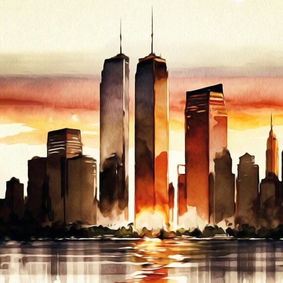 20x30 Twin Towers New York City Pre 911 Sunset Watercolor Art Poster - Picture 2 of 6